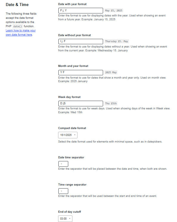 The Date and Time settings panel in Events > Settings > Display