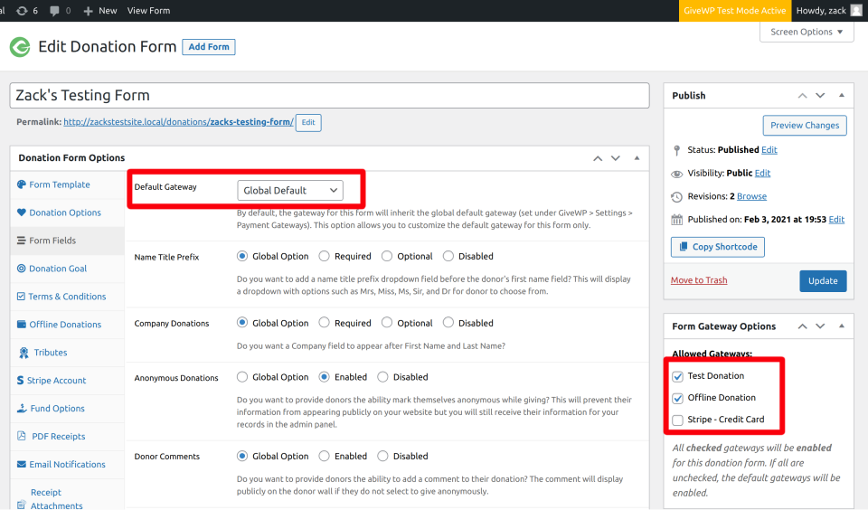 default gateway setting within GiveWP form settings