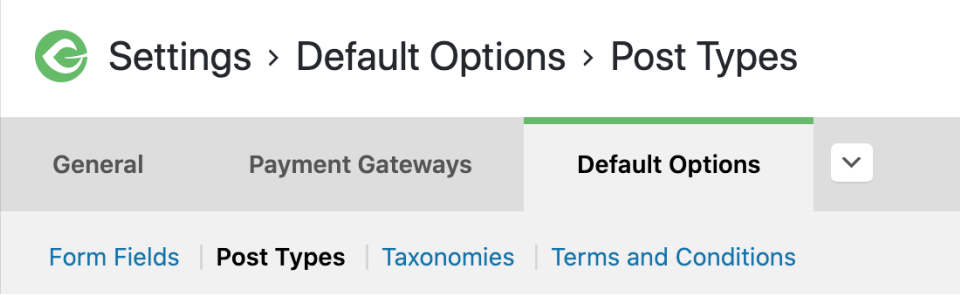 screeshot showing the default options tab, and the Post Types section highlighted in Black.