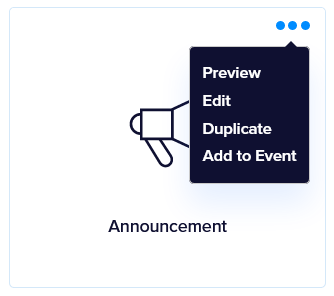 The action menu for a default shortcut in Promoter showing Preview, Edit, Duplicate, and Add to event options
