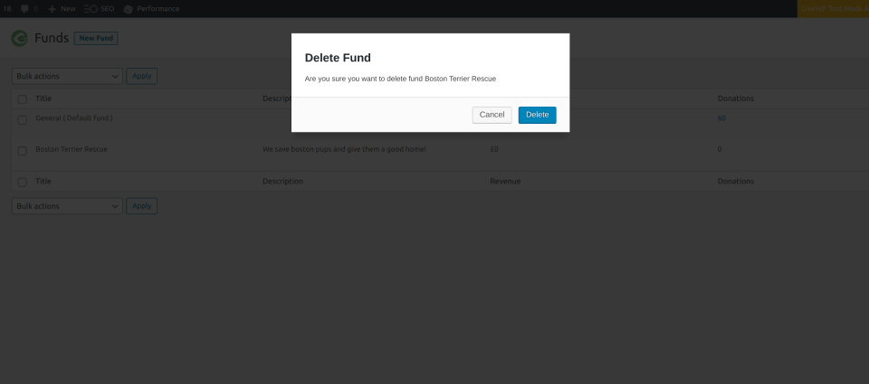 modal prompt for the user to delete an existing GiveWP fund