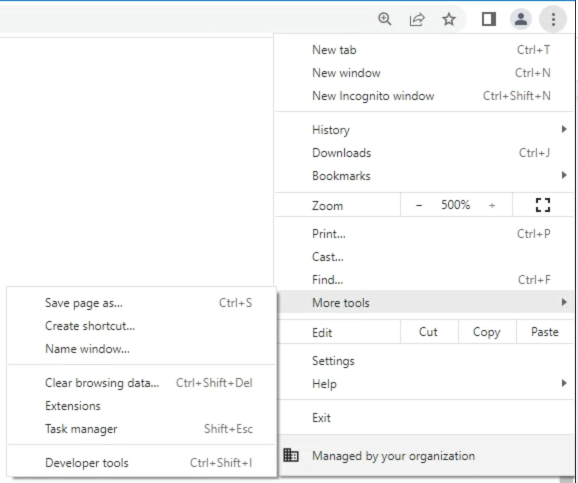 The develop menu for the Chrome browser