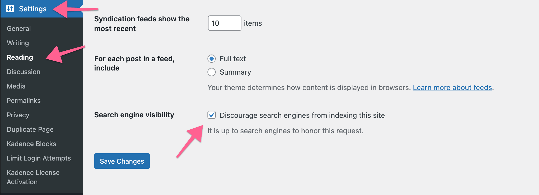 WordPress Settings - Search engine visibility