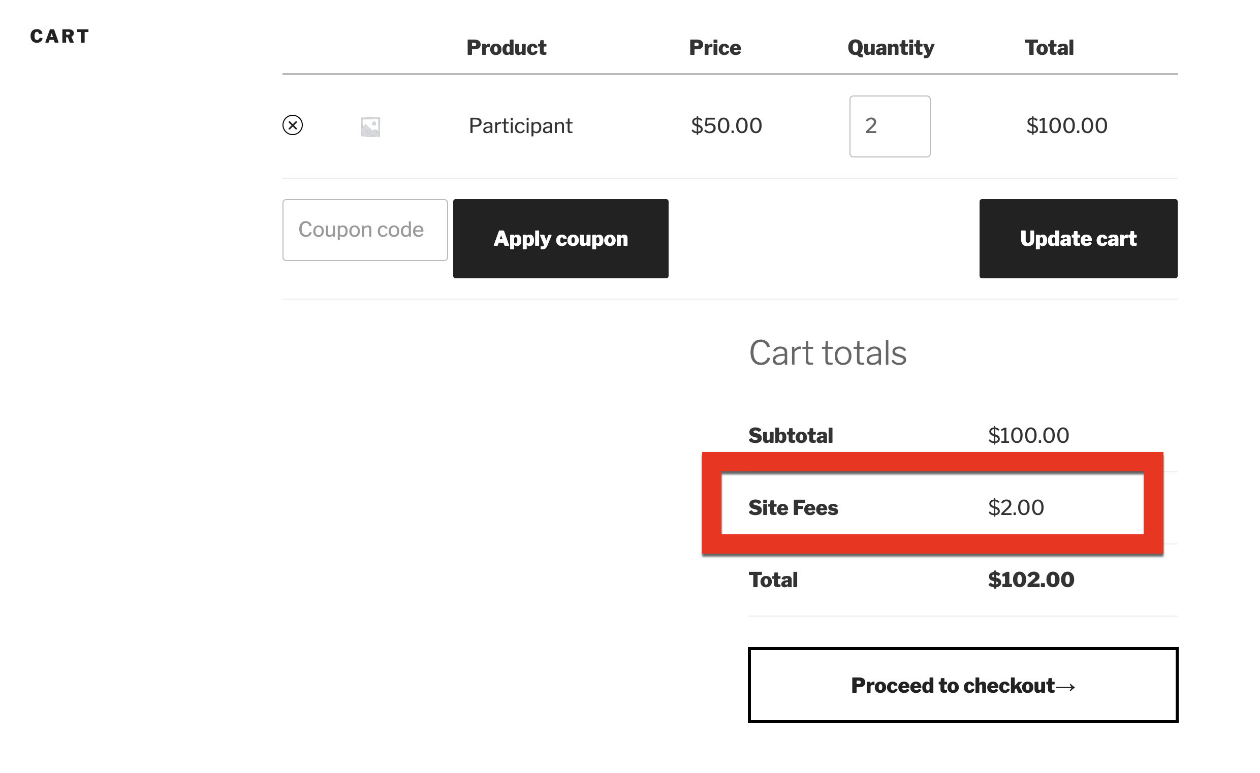 Fees displayed on the Cart page