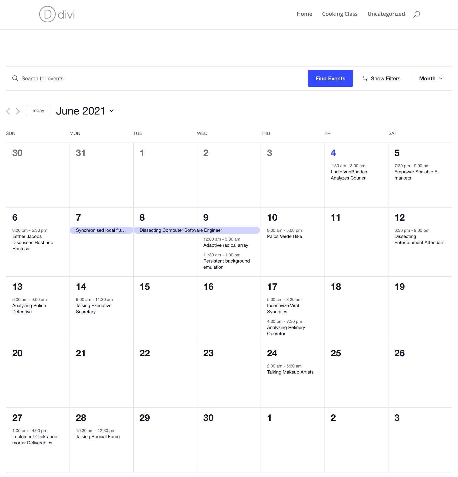 The default Month View calendar displayed on a site using the Divi theme