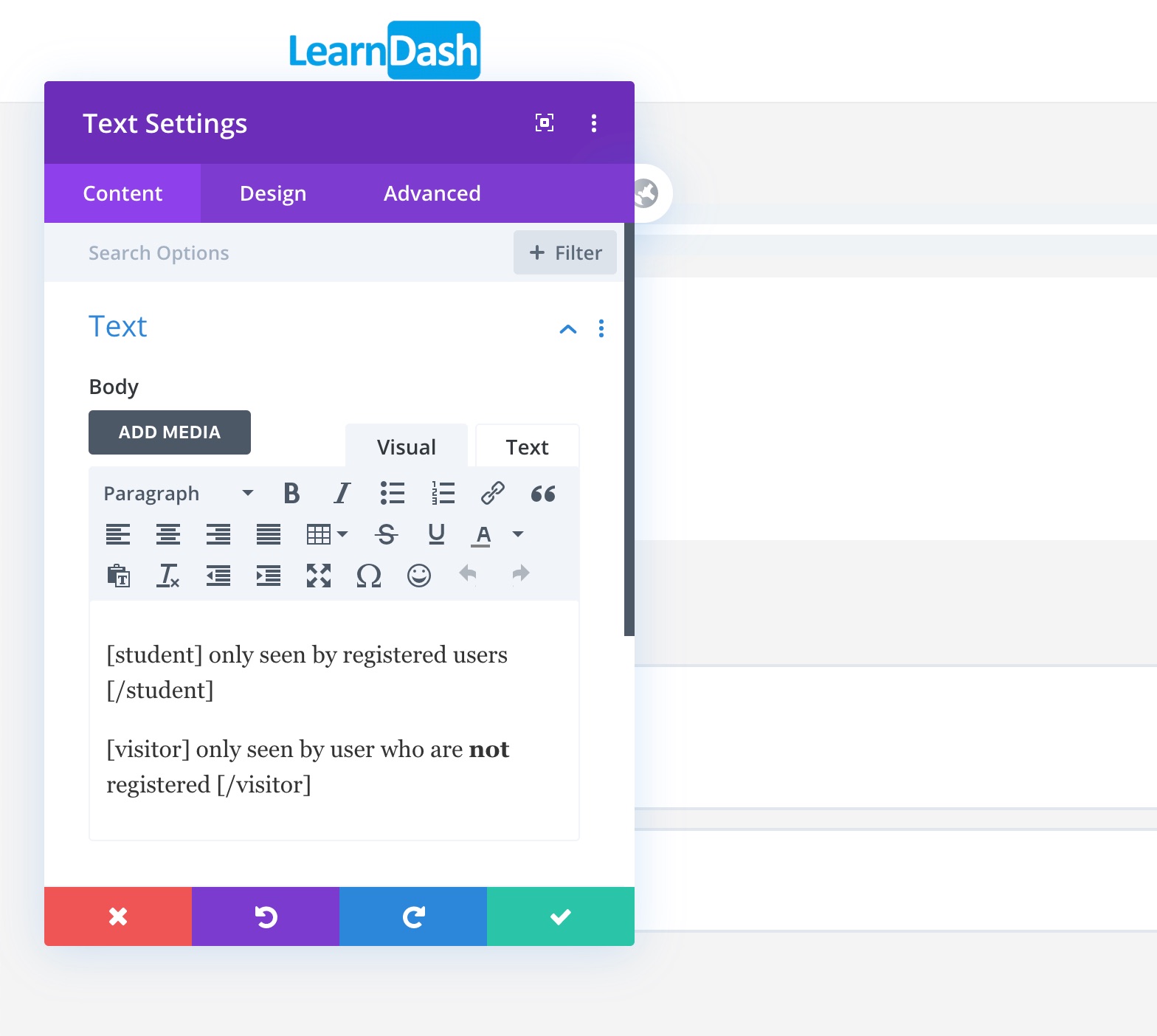 Example student/visitor shortcode in Divi
