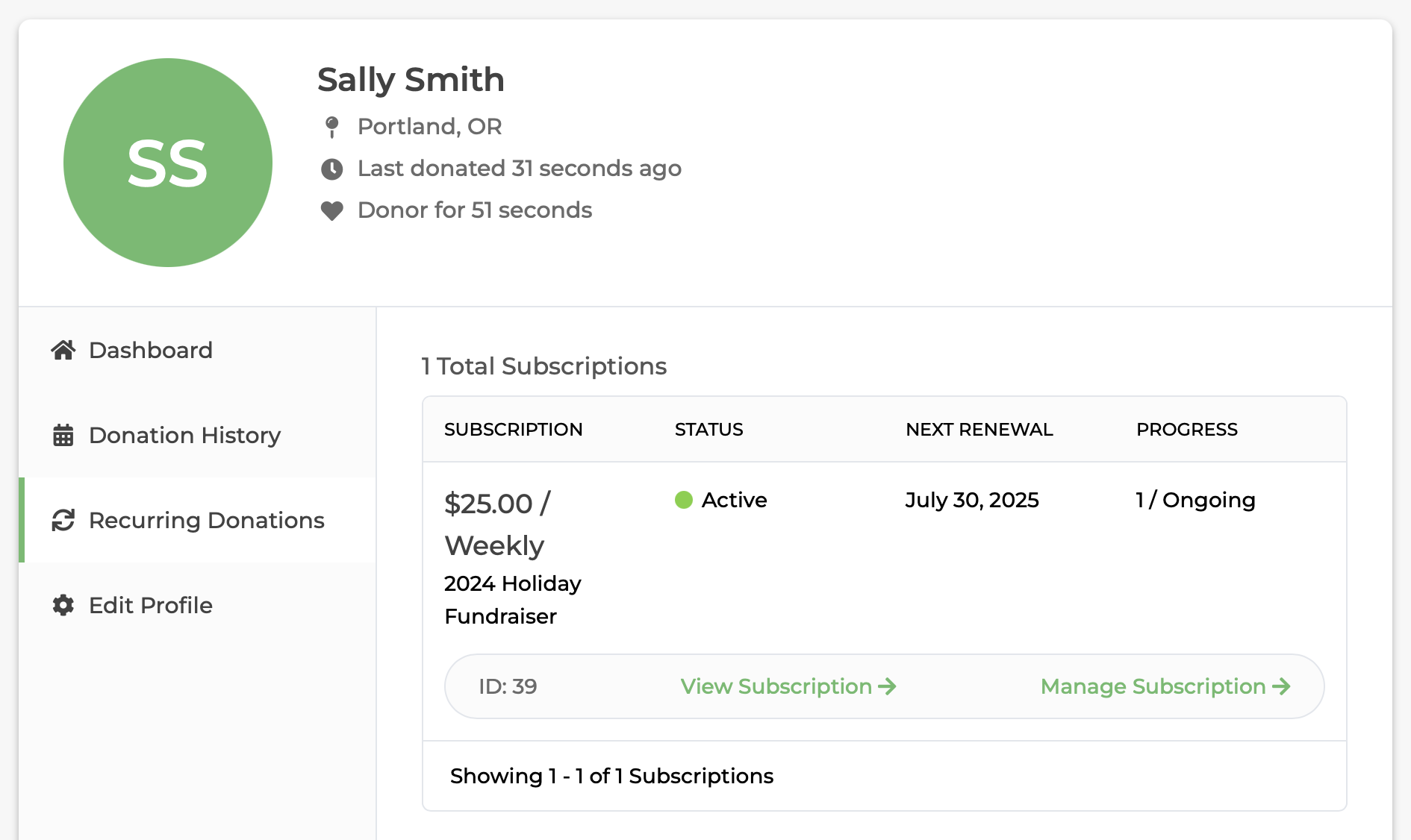 The recurring donations page in the GiveWP Donor Dashboard