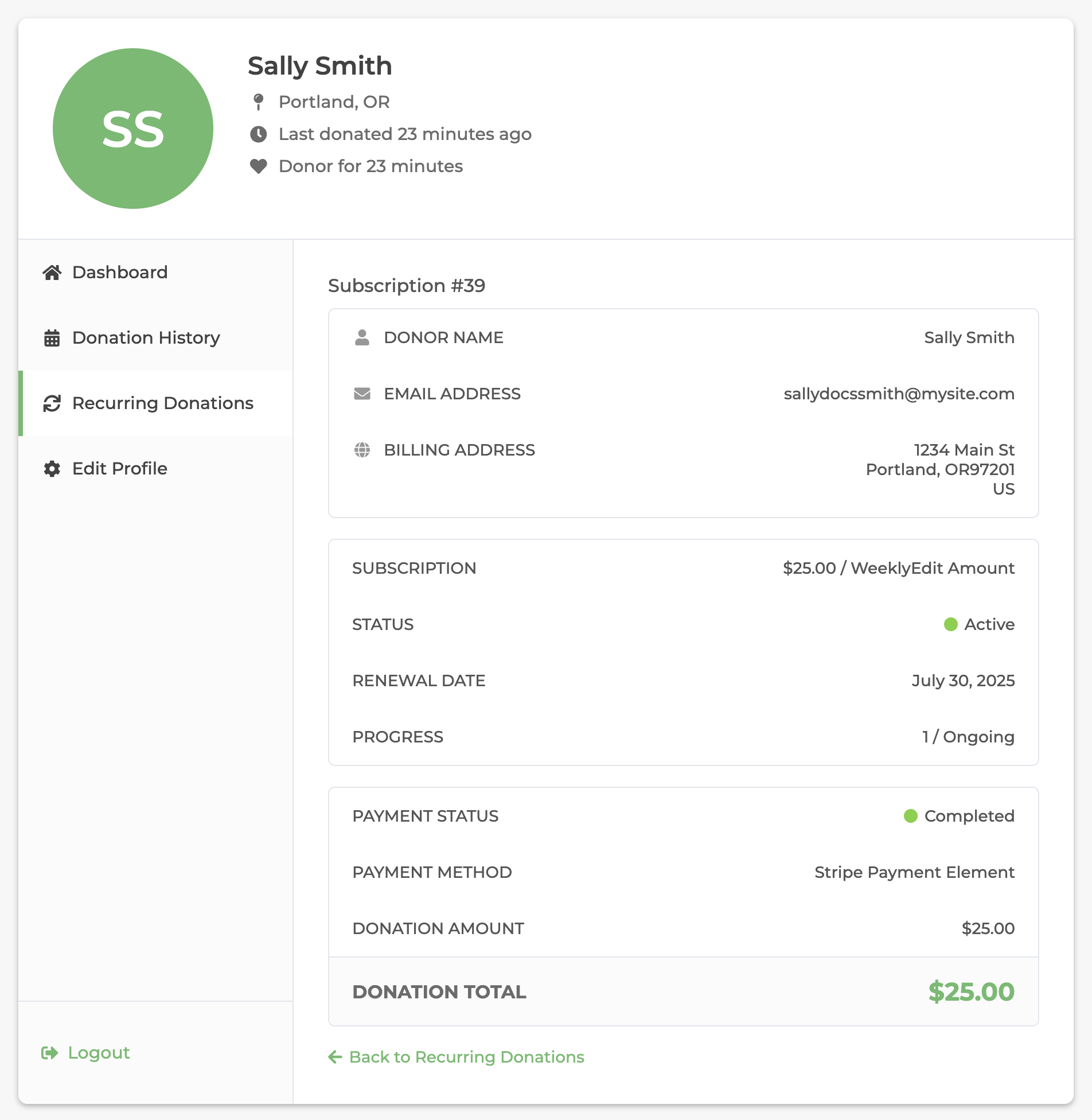 donor dashboard recurring subscription detail screen