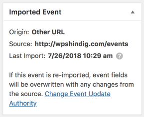 Import details metabox on an imported event