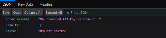 Error message showing the API key is invalid