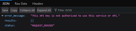 Error message showing the API key is not authorized for this service