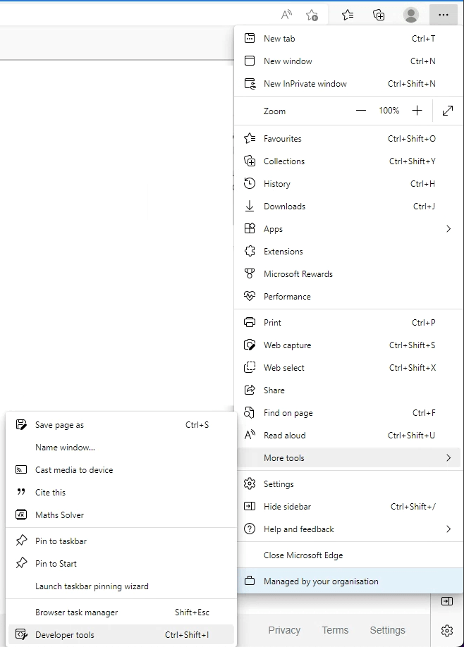 Developer tools menu on Microsoft Edge