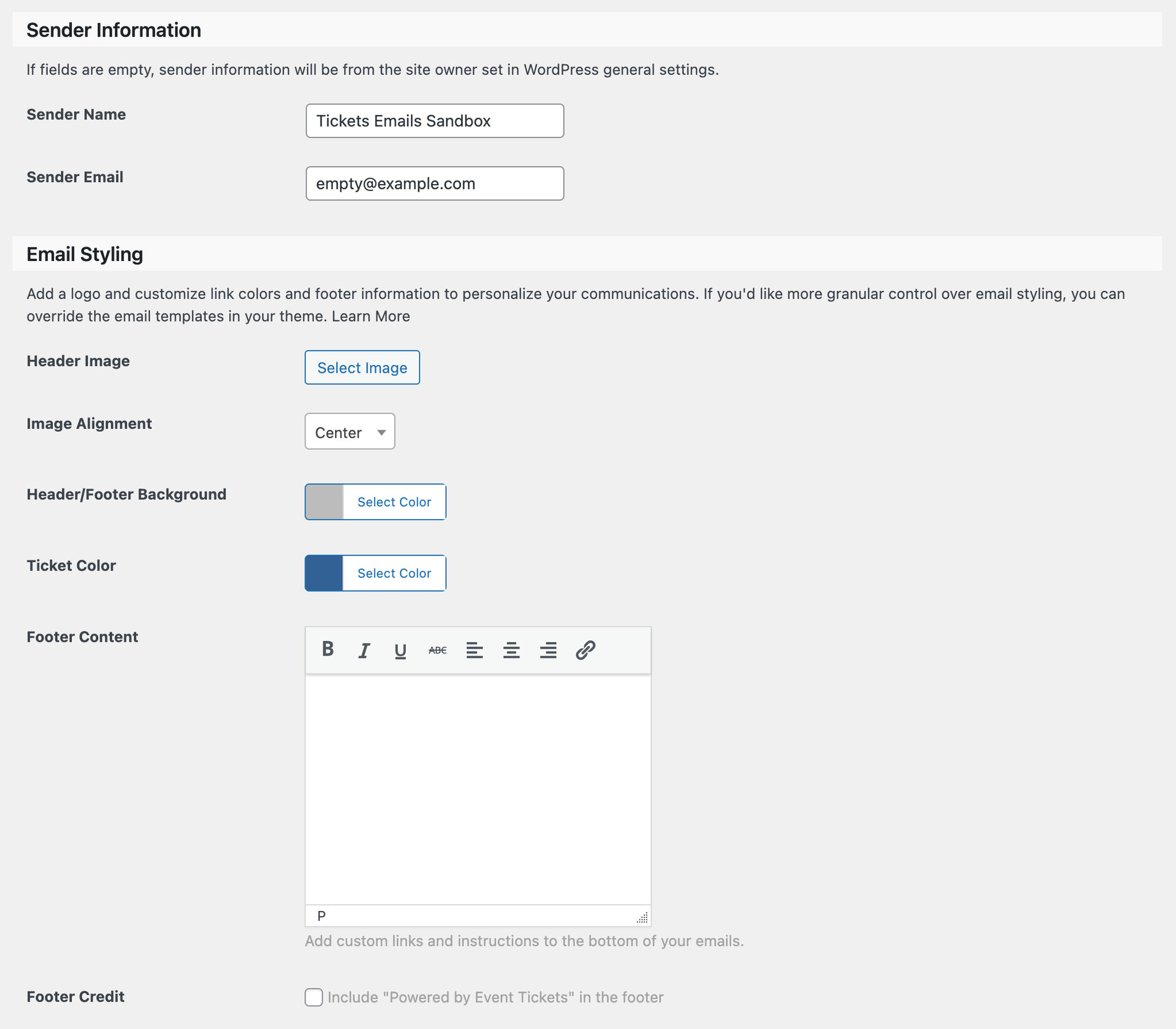 The global email settings section at the bottom of the Emails tab