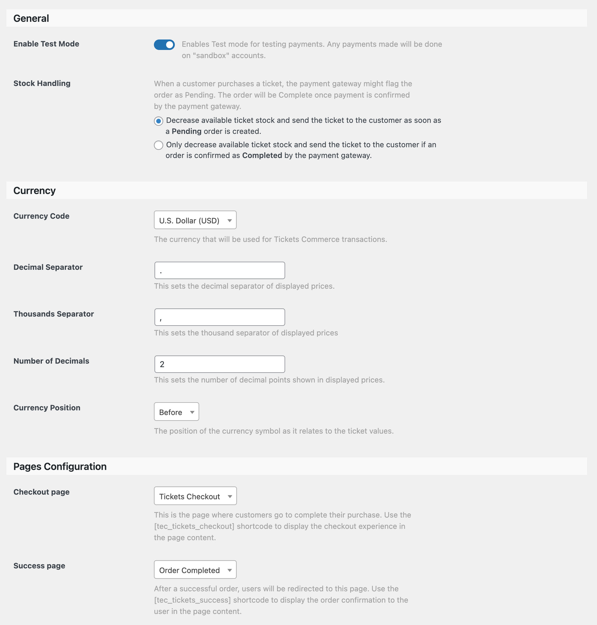 The Payments settings tab after Tickets Commerce is enabled, showing all available options