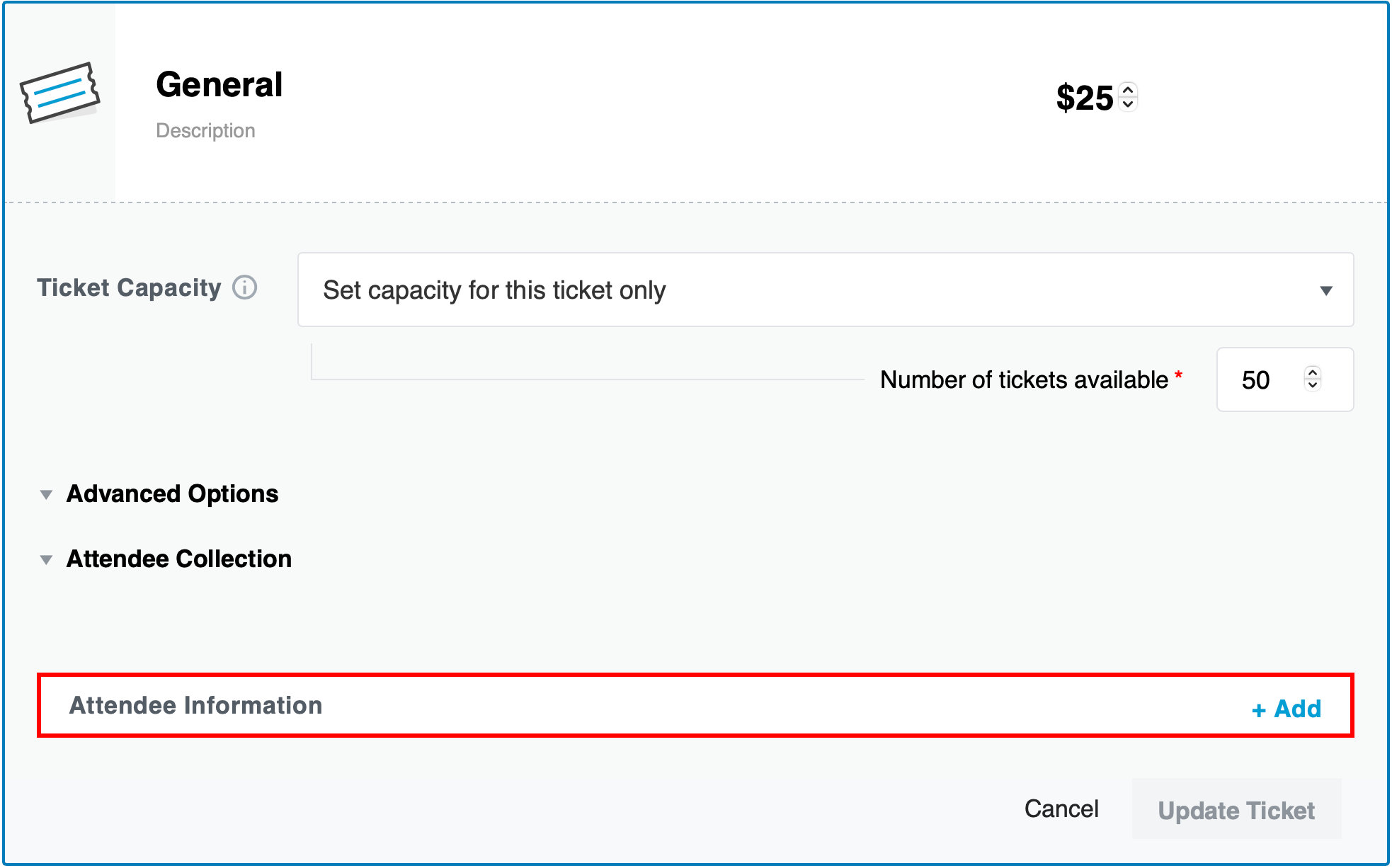A modal with the option to add attendee information