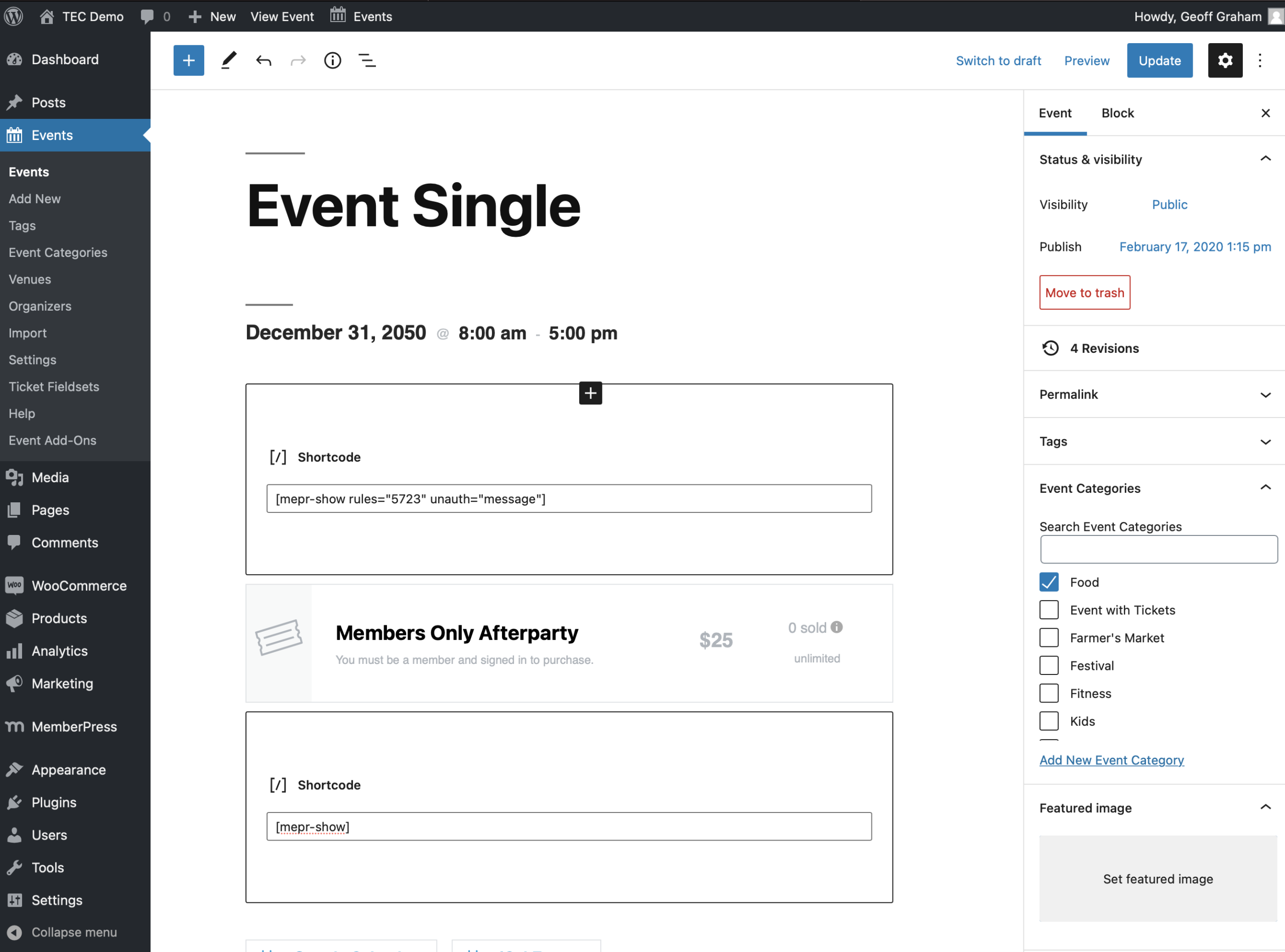 Add a shortcode to add a membership to the event page with MemberPress