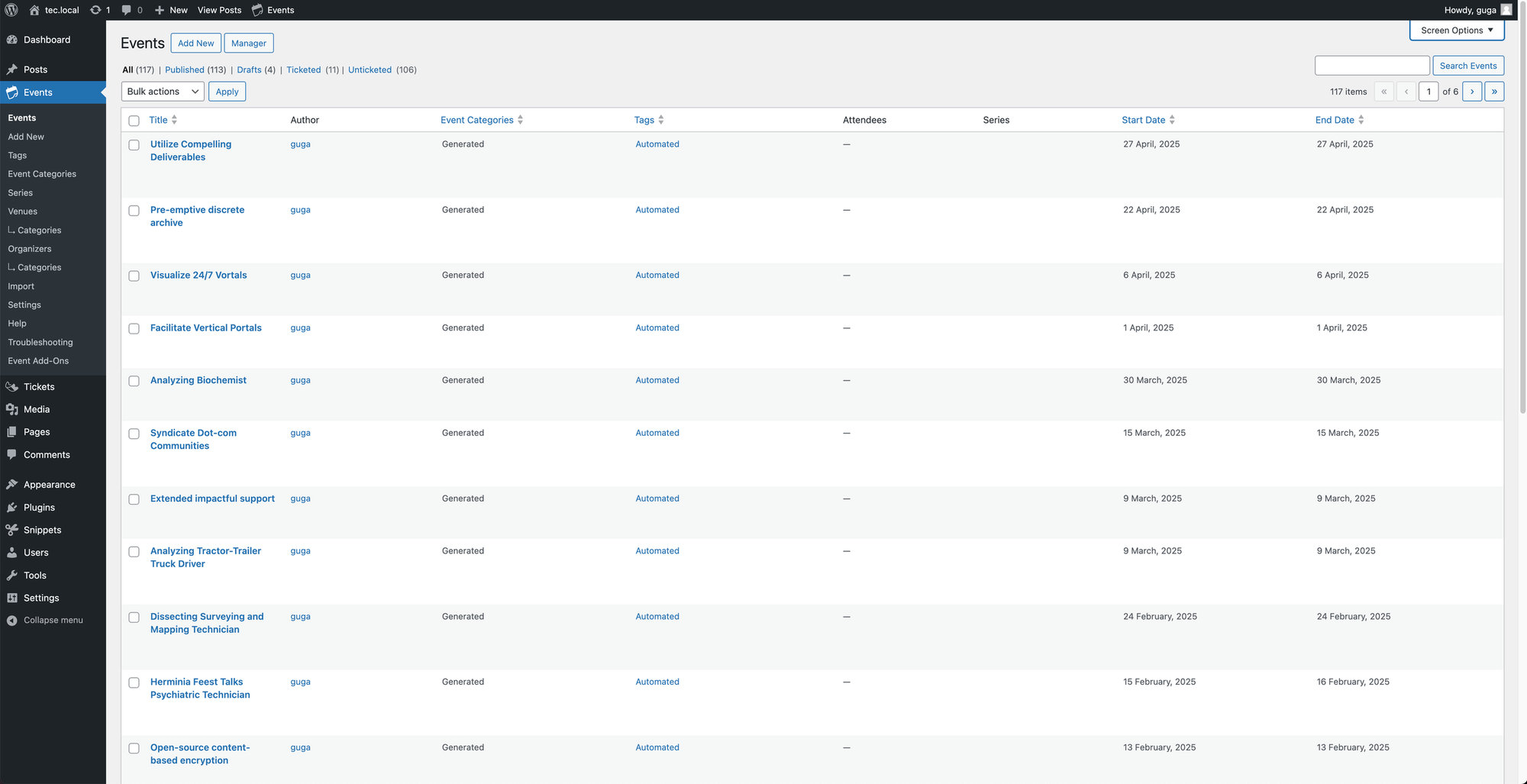 The events admin list view before adding the status column snippet
