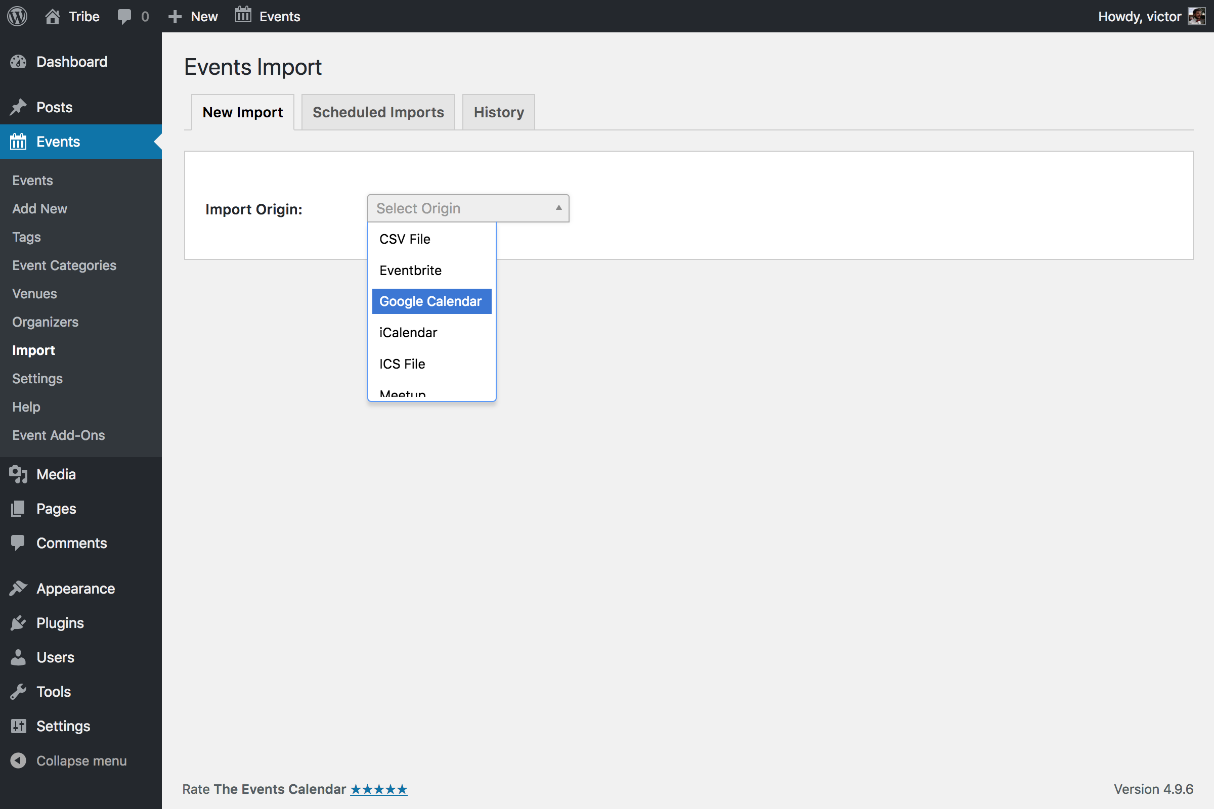Selecting the import origin in Event Aggregator
