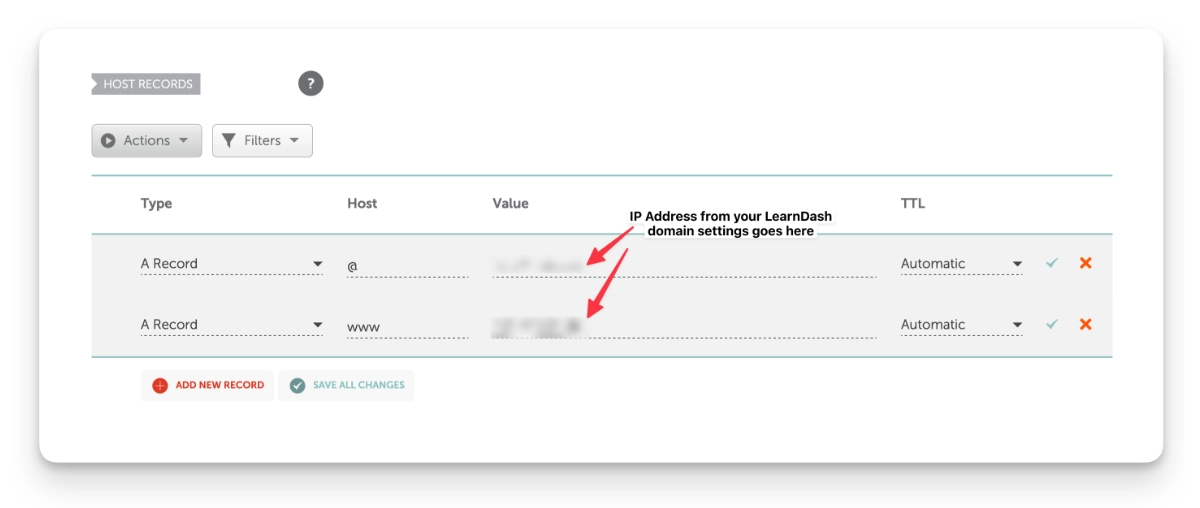 Example DNS zone managment screen