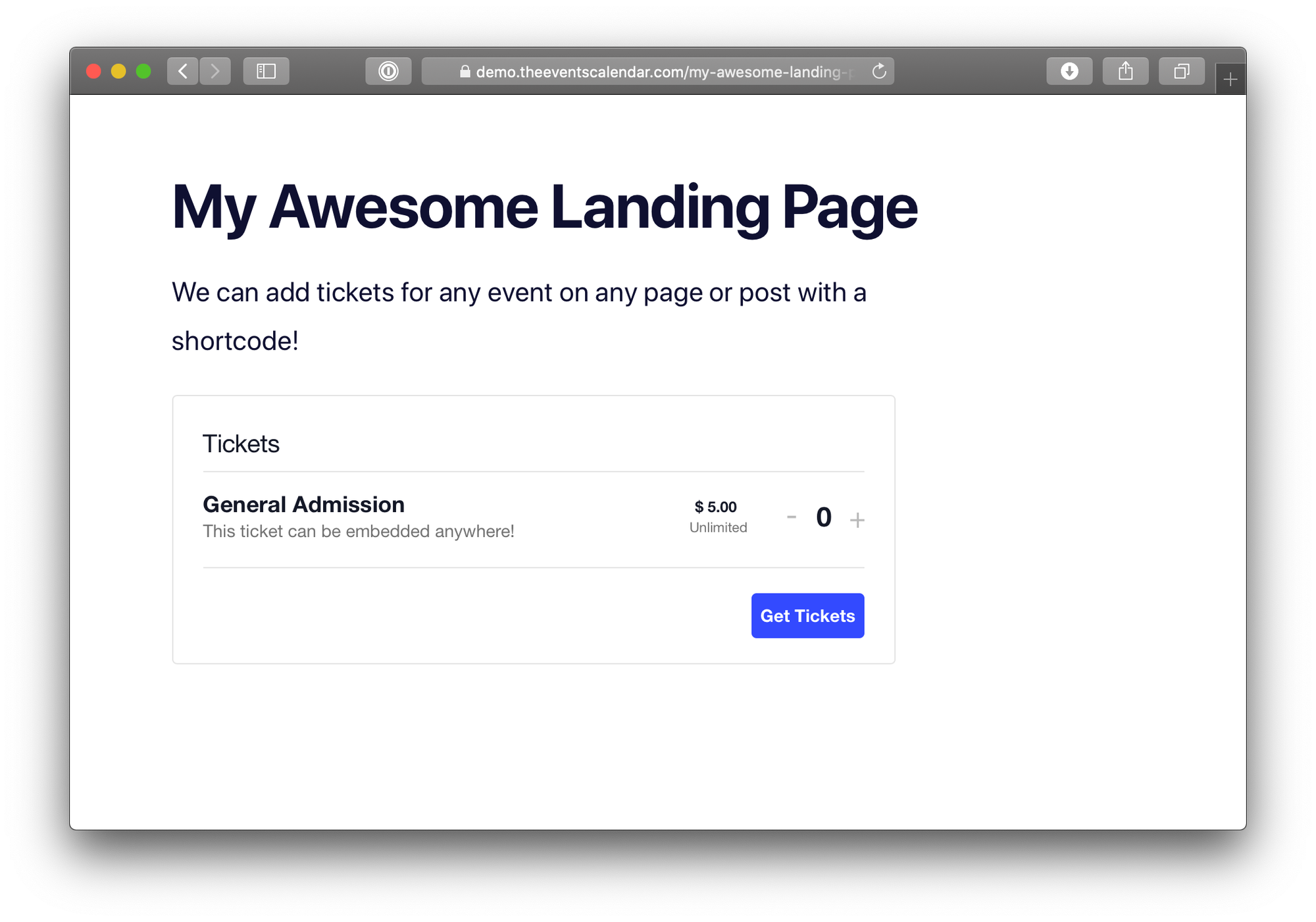 A webpage with an embedded ticket form