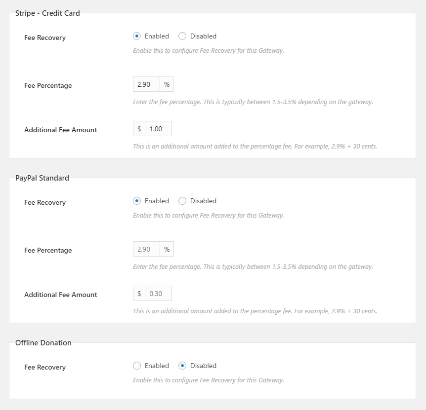 The Fee Recovery Global Per Gateway Settings.