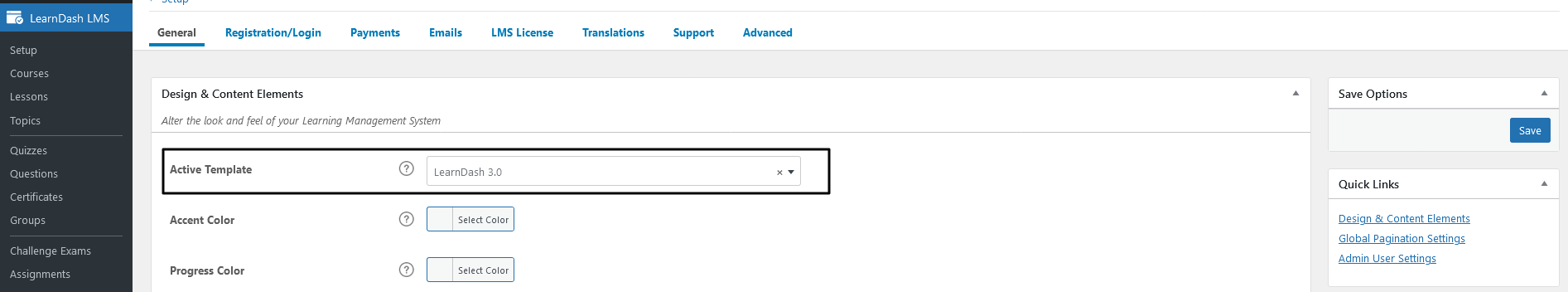 LearnDash Active Template Setting