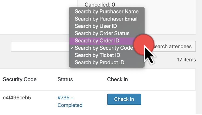 Filtering options for the attendee list