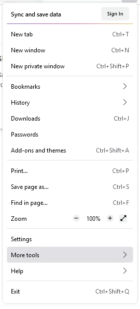 More tools menu on Firefox