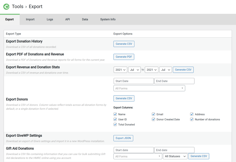 Gift Aid Export Options