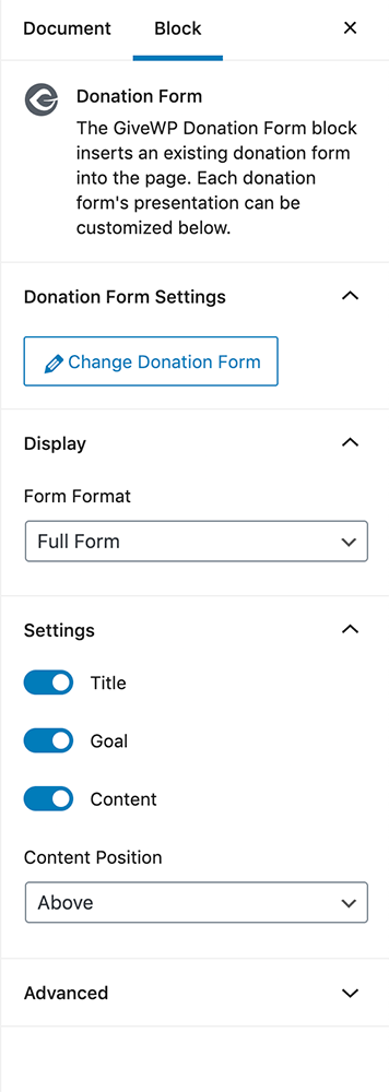 GiveWP Form Block Settings