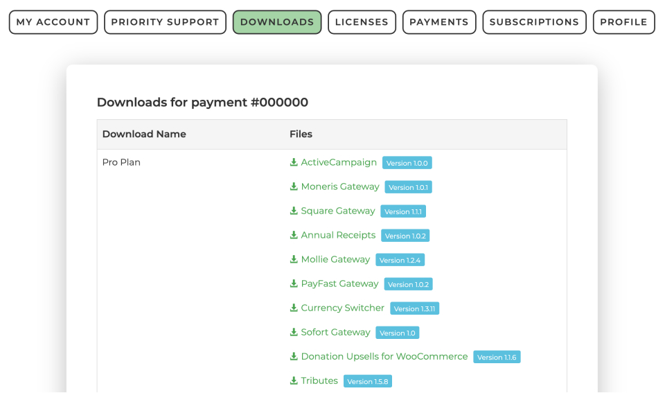 The GiveWP.com download page for logged in users