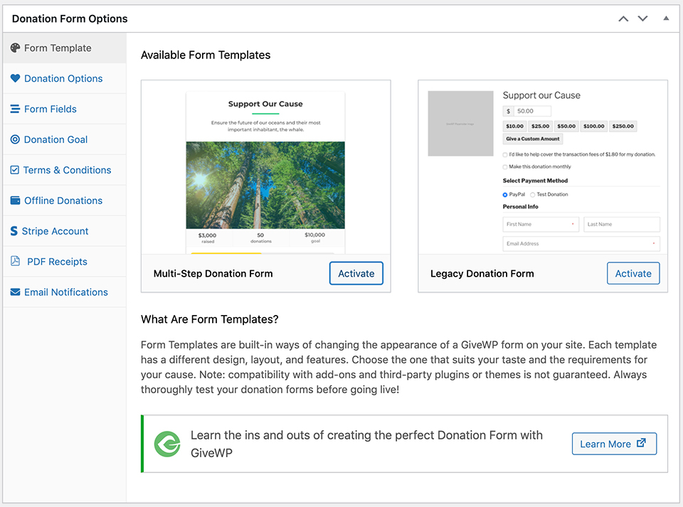 Choosing GivWP Form Template