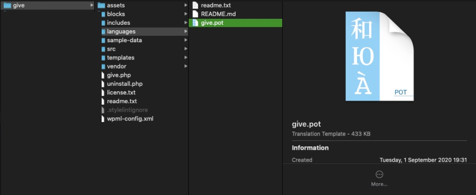 The languages folder for the GiveWP plugin