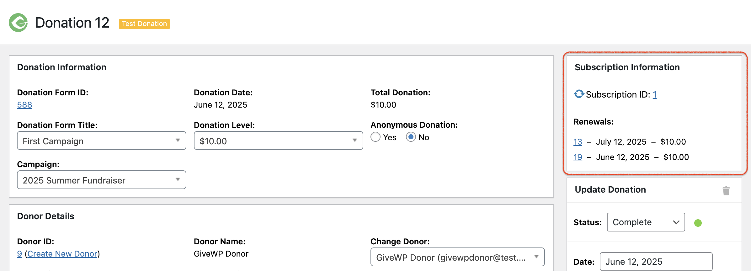 screenshot showing the GiveWP - Subscription details highlighting the subscription id and renewal payment information
