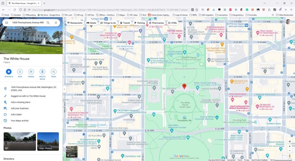 Image of Google Maps centered on the White House with the address showing the location.