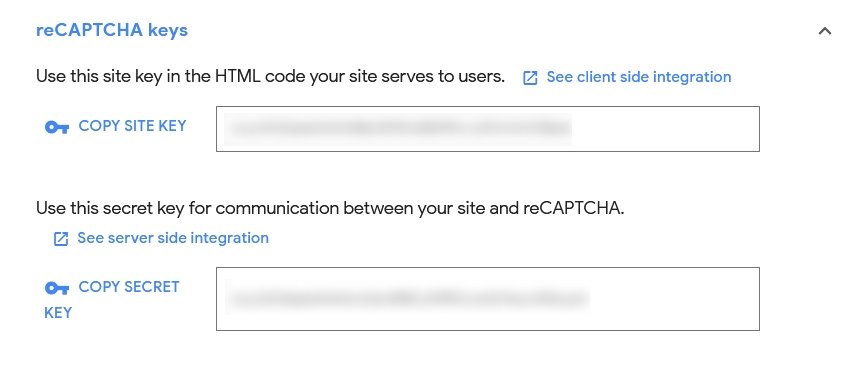 The reCAPTCHA site key and secret key