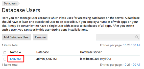 database user name highlighted