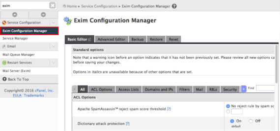 exim configuration manager highlighted