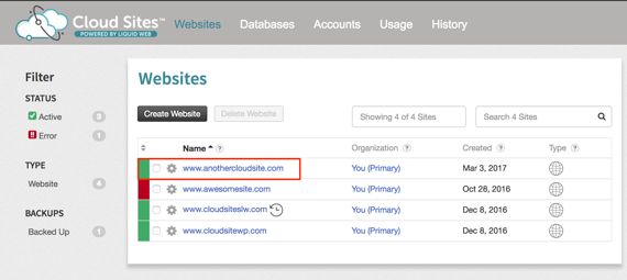 site highlighted in list