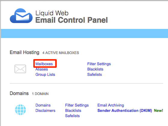 mailboxes link in email hosting section