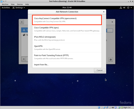 cisco anyconnect vpn highlighted in list