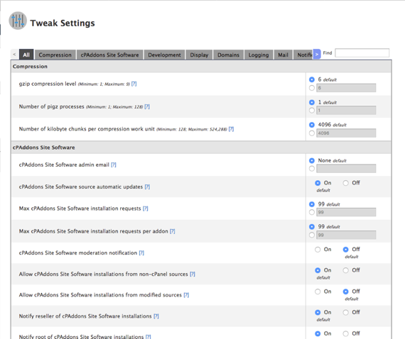 WHM Tweak Settings home page