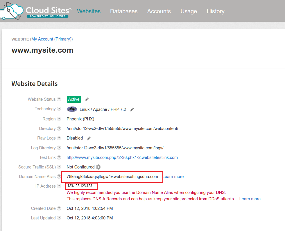 website details for cloud sites