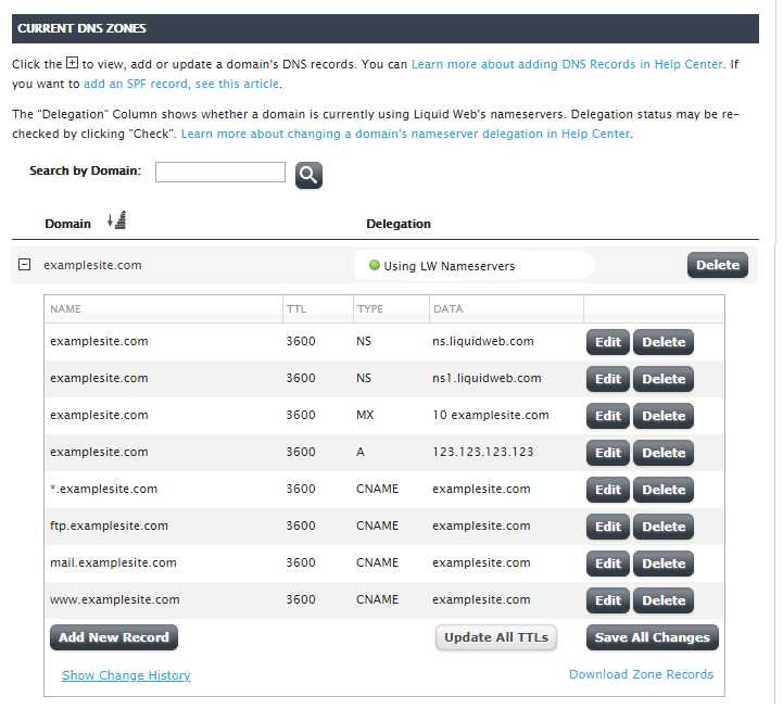 dns zone section of liquid web account