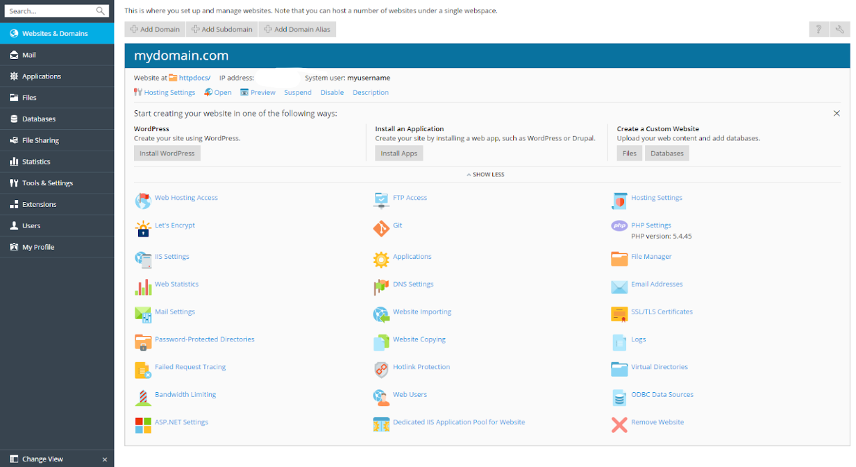 plesk main page