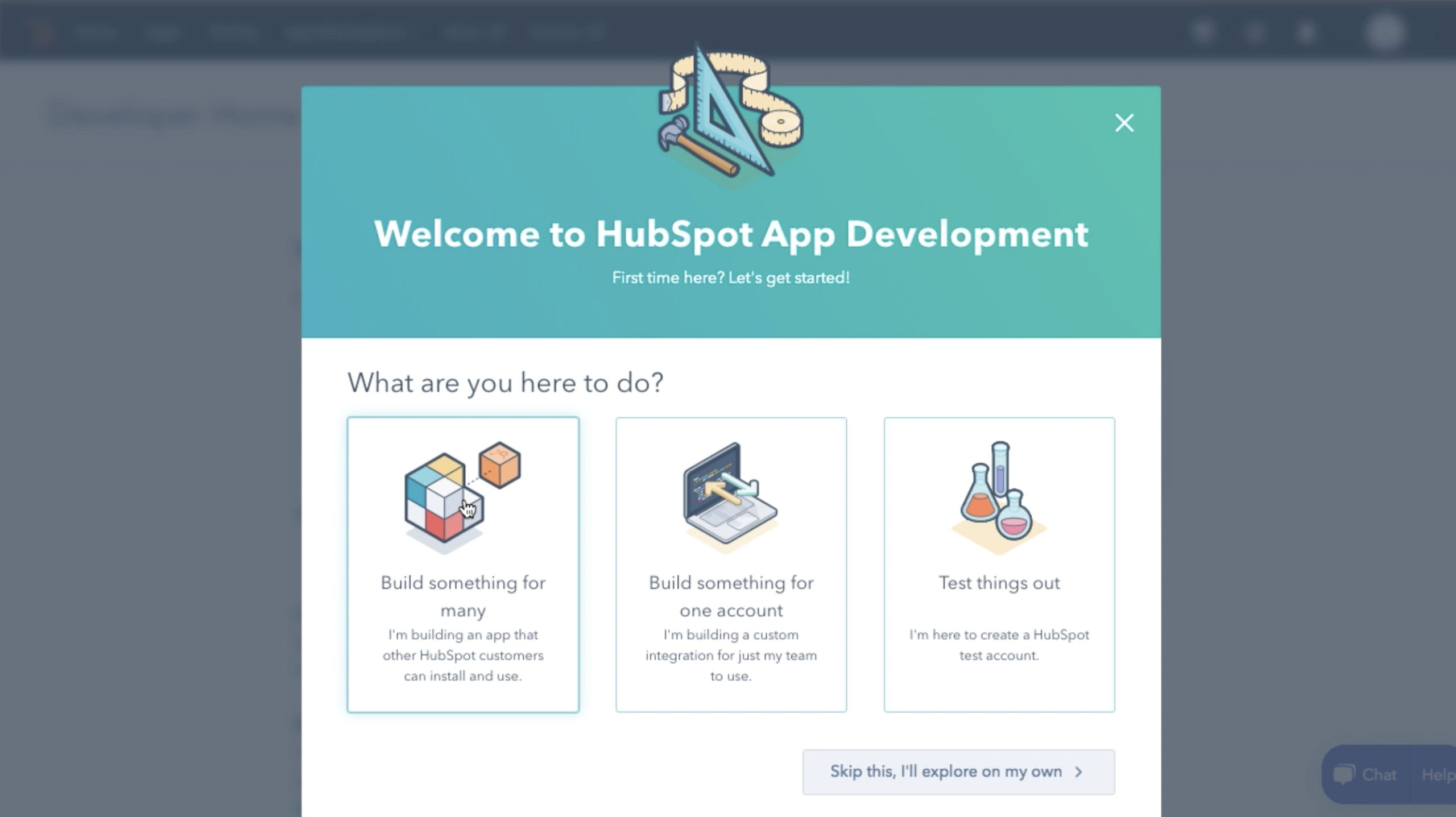 Showing a modal directly after setting up a developer account asking what you would like to do next.