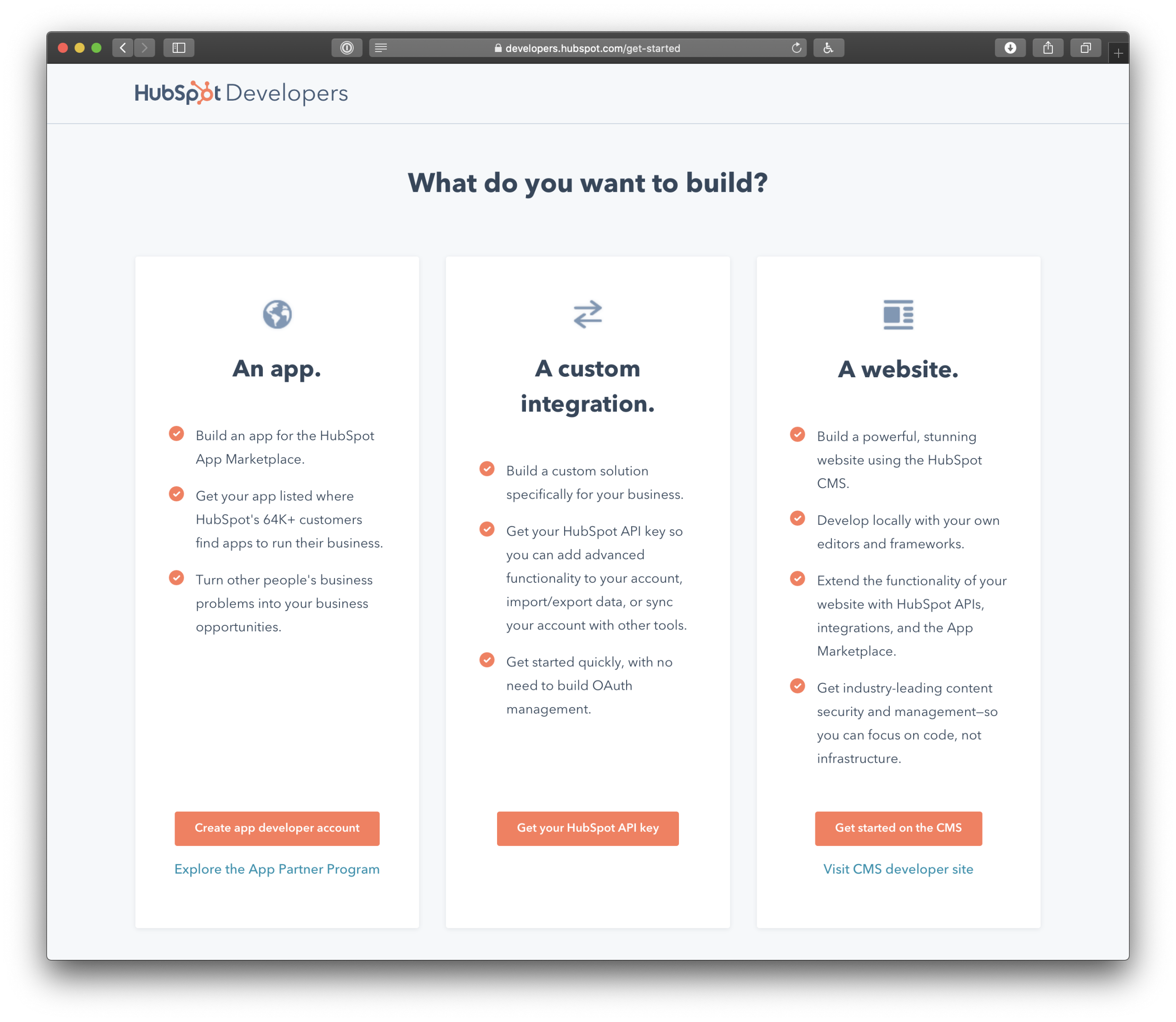 The first step in the developer account signup screen with options for an app, a custom integration and a website.