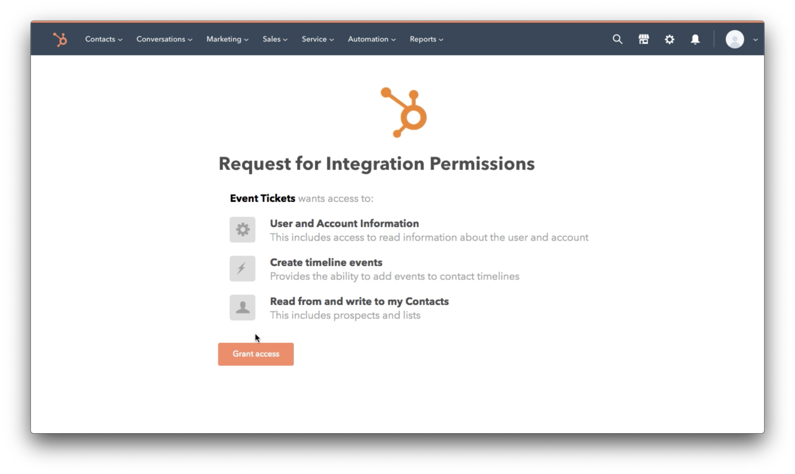 Showing a message asking whether you want to grant the Event Tickets app with your HubSpot account.