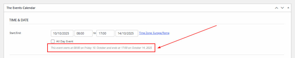 Multi-day event dates in the Classic Editor