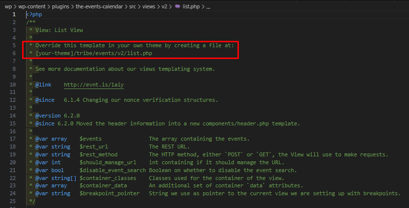 A template file open in a code editor, showing the override path in the header comment
